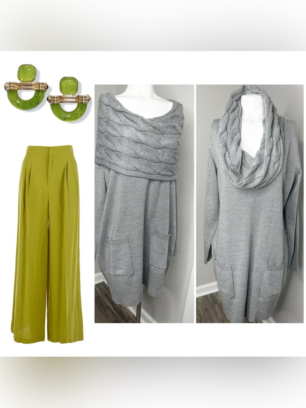 New York & Company Gray Cable Cowl Pocket Sweater- large